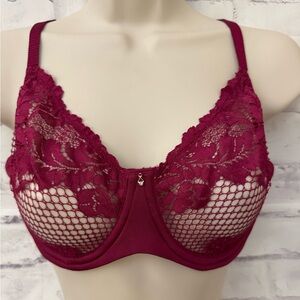 Le Mystere Bra 36D Allure Demi Unlined Bra‎ Lipstick Red Sheer Mesh Underwire